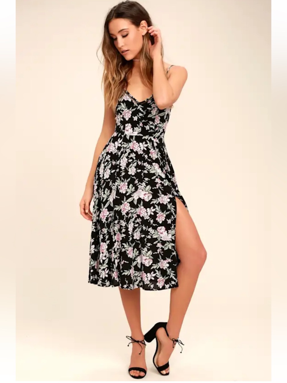 Lulus Esperanza Black Floral Midi Dress Women’s Spaghetti Strap Fit & flare Med